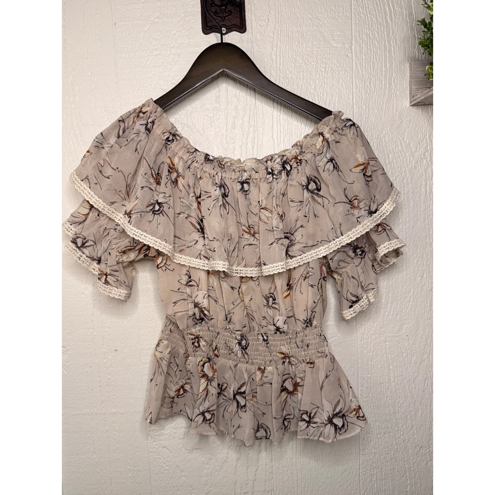 Floral Off The Shoulder Smocked Peplum Blouse with Crochet Lace Trim Tan